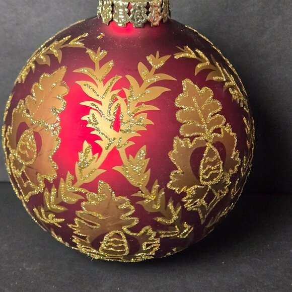 Frontgate Red Gold Glass Christmas Ornament 4" Baroque Leaf Scroll Holiday Decor - Picture 2 of 7